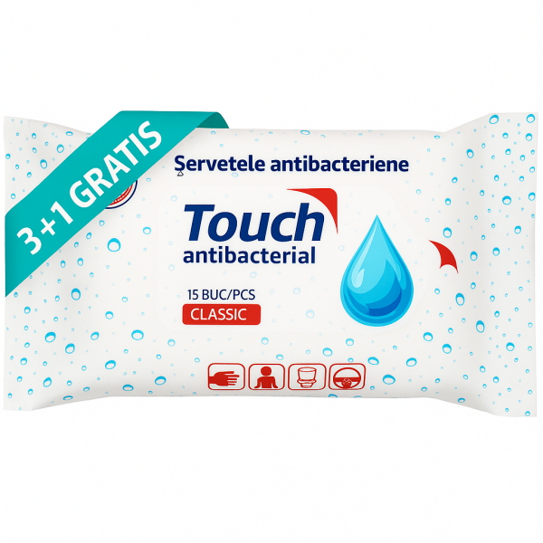 Pachet servetele umede antibacteriene 15 bucati 3 +1 Gratis – Touch