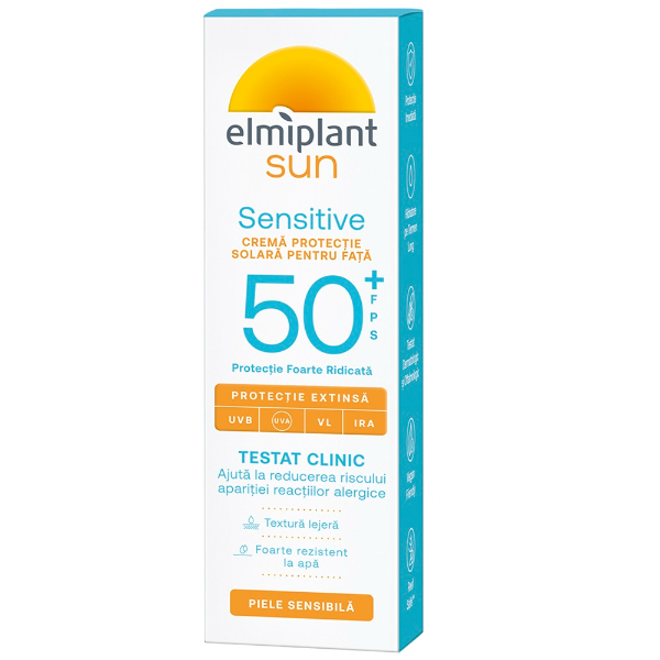Crema de fata cu protectie solara SPF 50+ Sensitive, 50 ml - Elmiplant