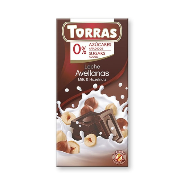 Ciocolata cu lapte si alune (fara zahar, fara gluten), 75 g - Torras