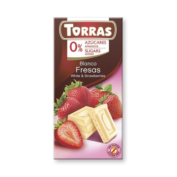 Ciocolata alba cu capsuni (fara zahar, fara gluten), 75 g - Torras