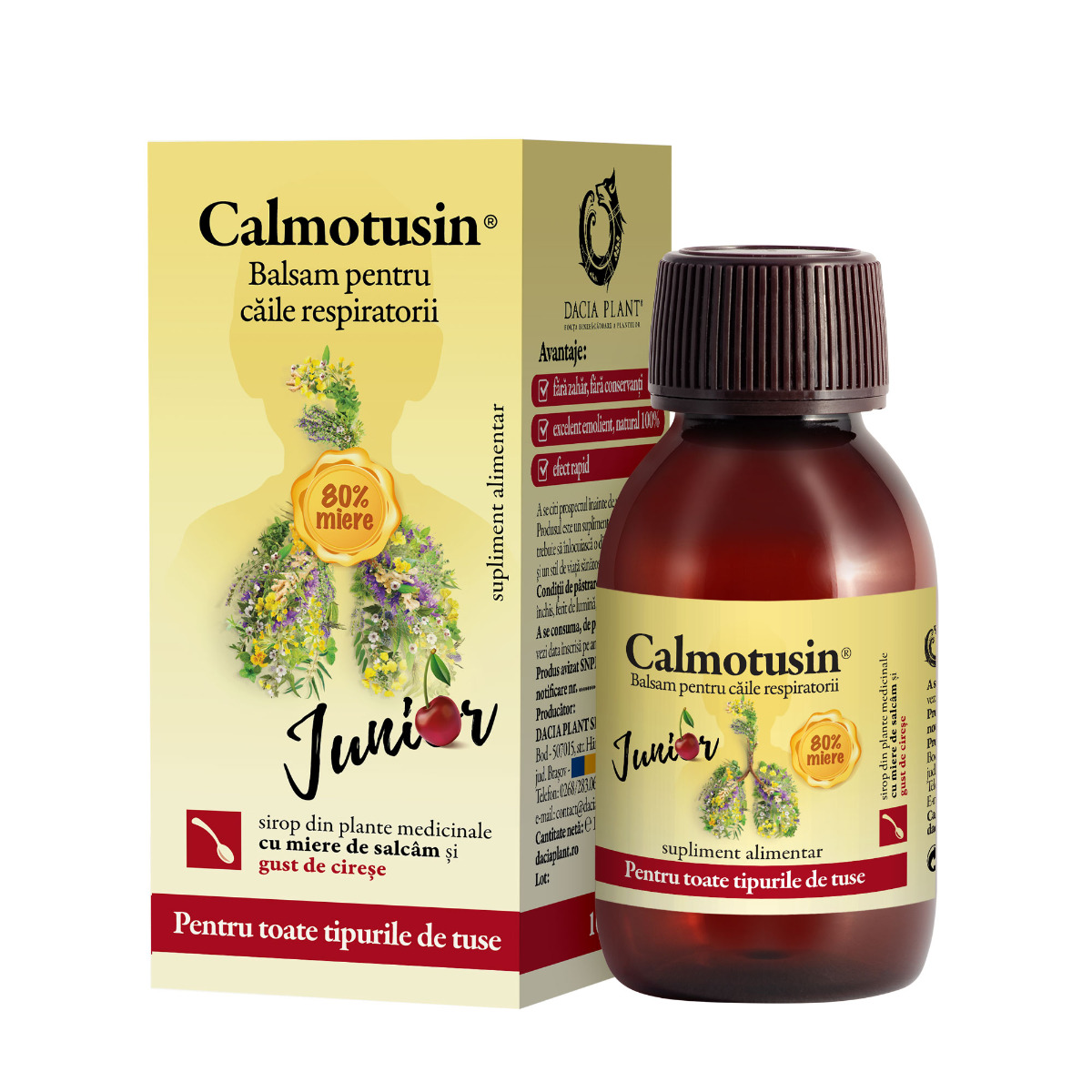 Calmotusin Junior sirop cu miere, gust cirese, 100 ml - Dacia Plant