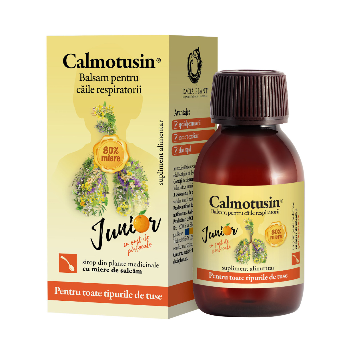 Calmotusin Junior sirop cu miere, gust portocale, 100 ml - Dacia Plant
