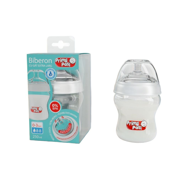 Biberon gat extralarg cu tetina 2 valve anticolici, flux lent, 0 luni+, 250 ml, transparent - Primii Pasi